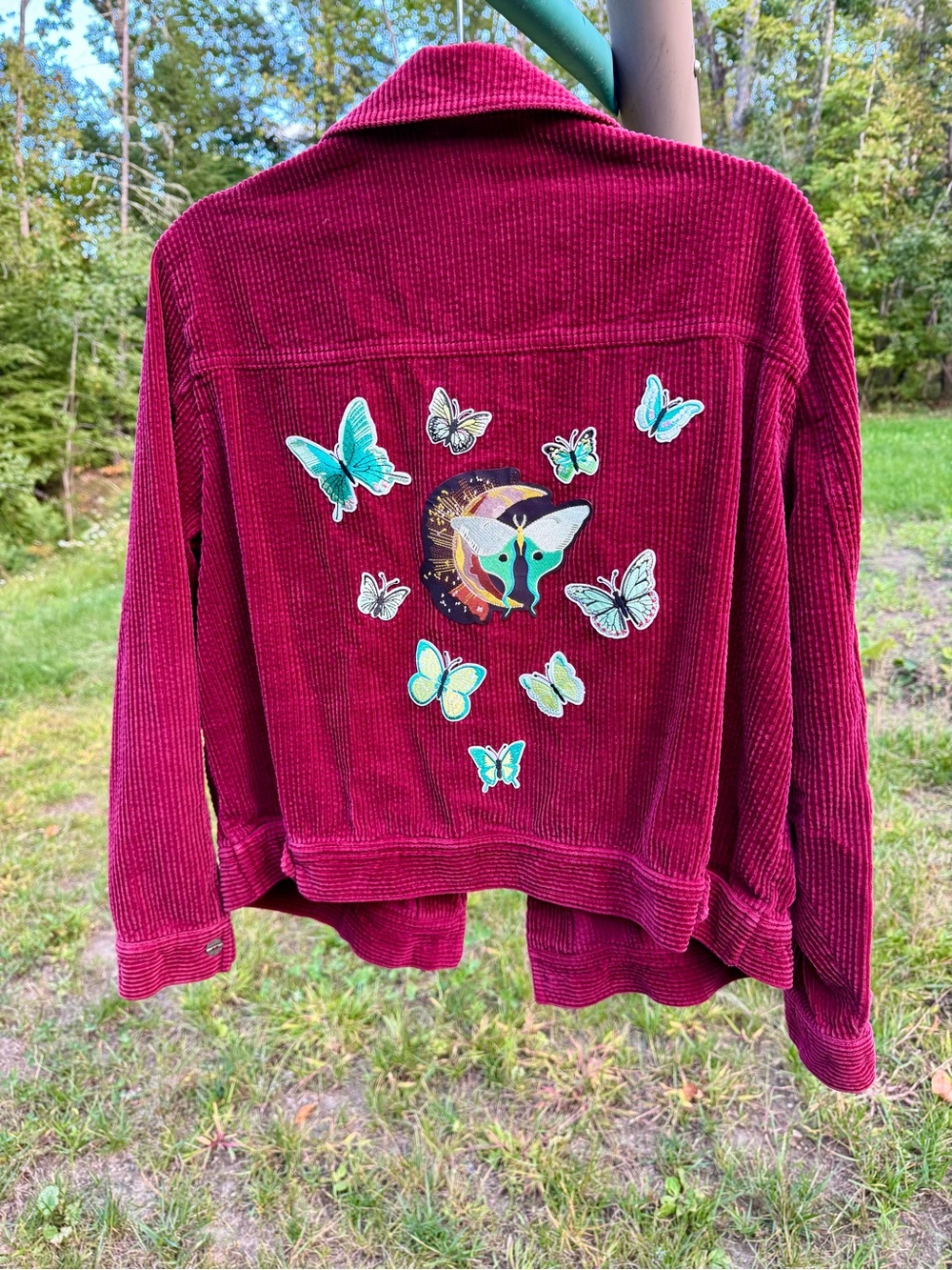 Vintage Corduroy Butterfly Embroidered Jean Jacket - Berry